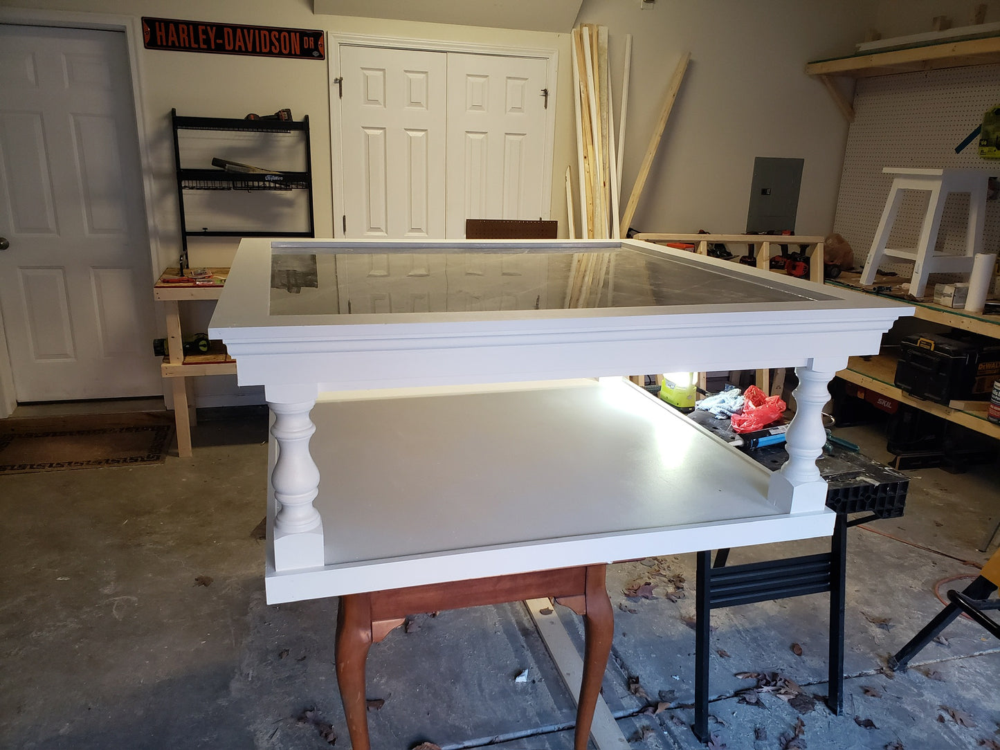 54" Square Farmhouse-Style Coffee Table – White with Marbleized Tile Top