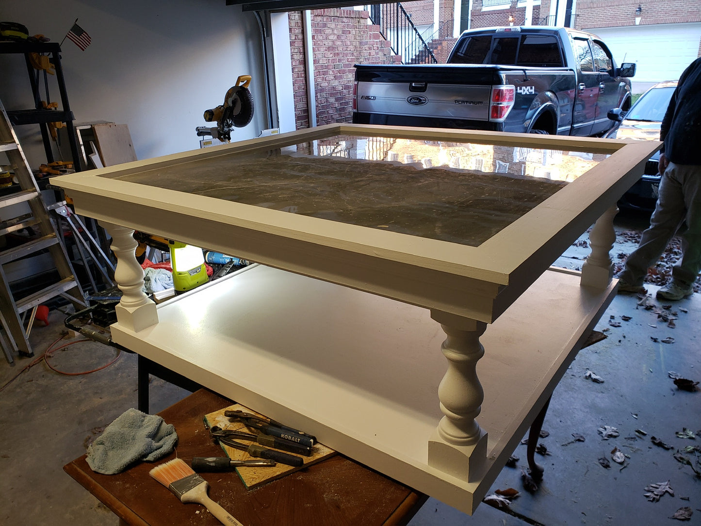54" Square Farmhouse-Style Coffee Table – White with Marbleized Tile Top