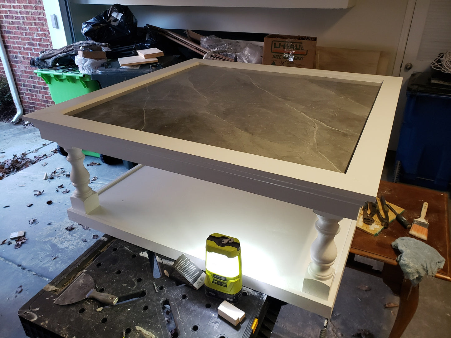 54" Square Farmhouse-Style Coffee Table – White with Marbleized Tile Top