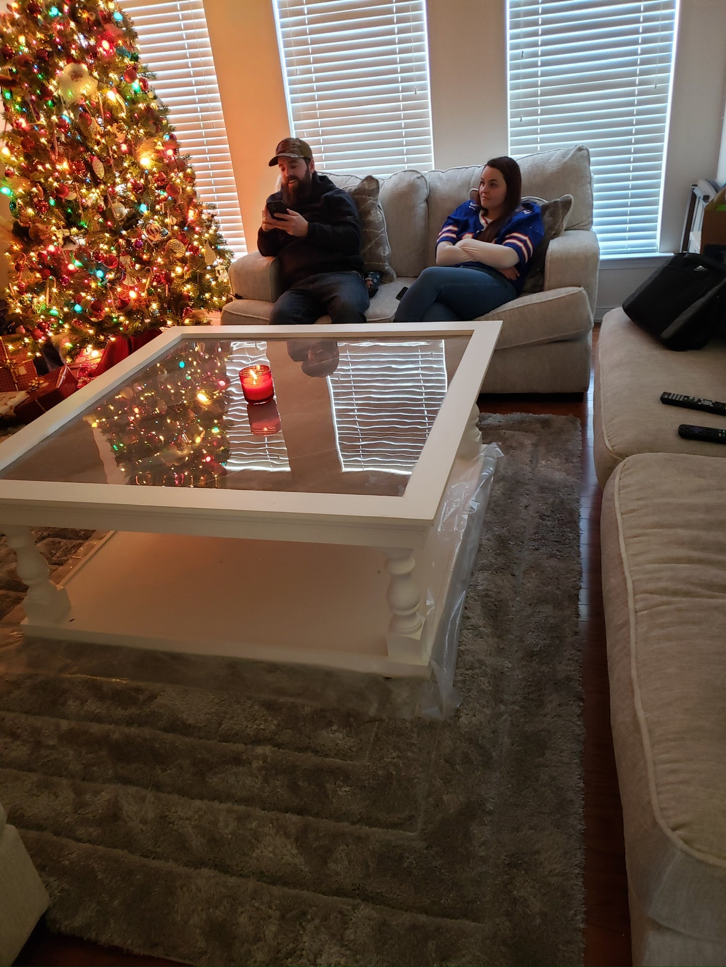 54" Square Farmhouse-Style Coffee Table – White with Marbleized Tile Top
