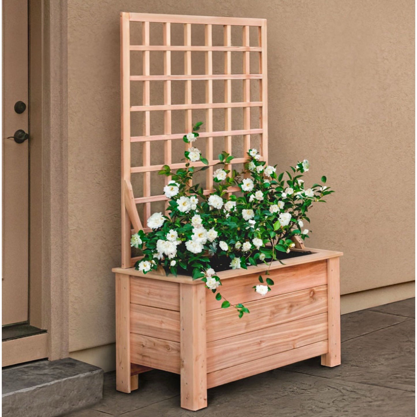 Premium Cedar Raised Planter Box - with Back Trellis Grid
