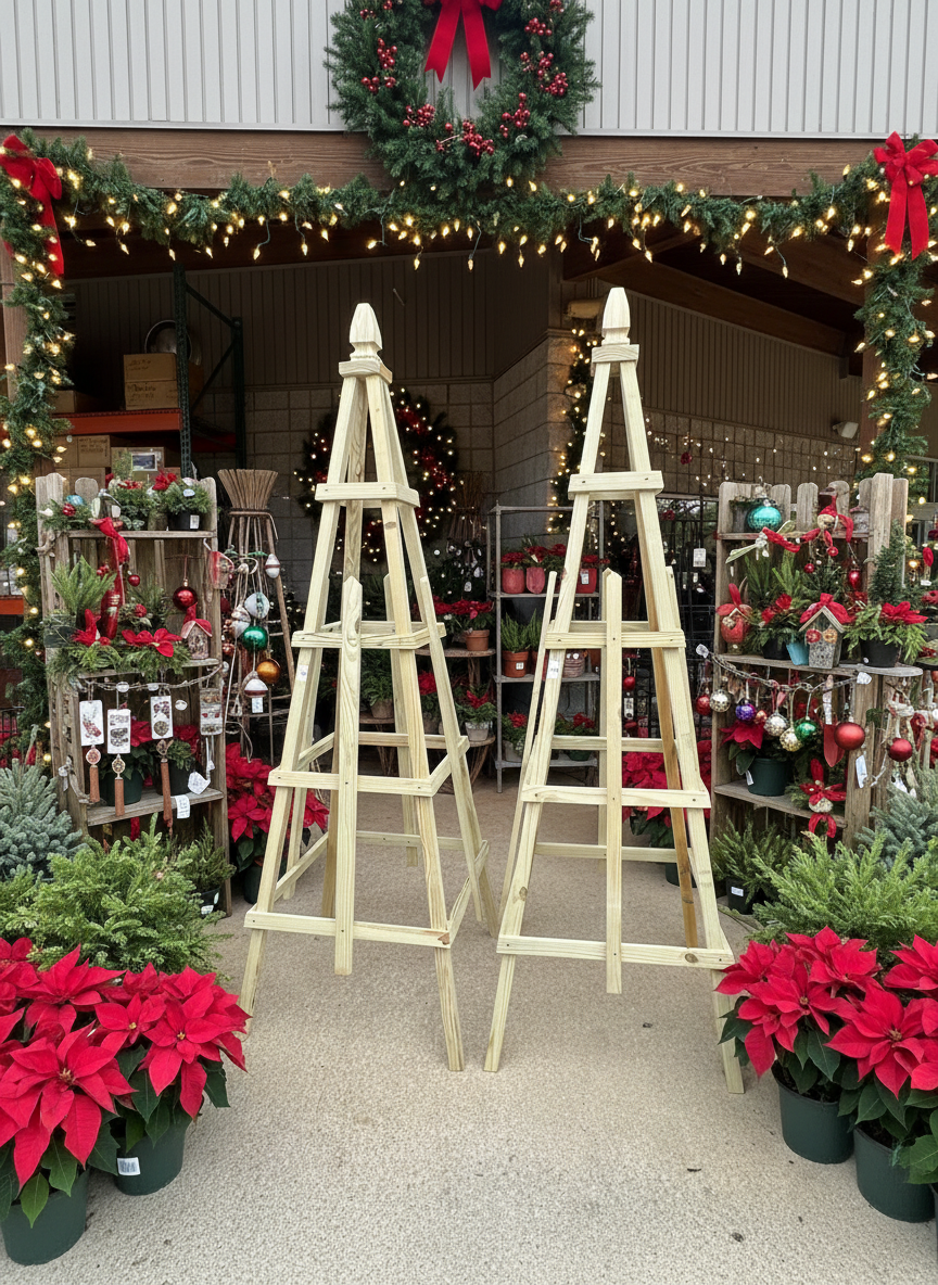 Two wooden garden trellises with festive decorations and potted plants in a store setting.