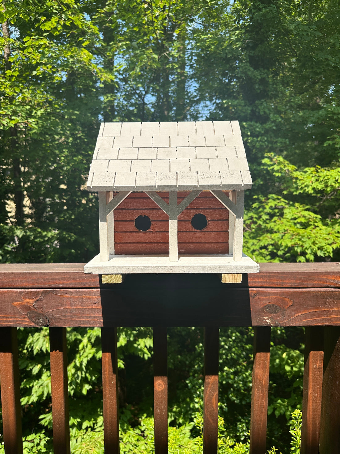The Mini Martin Birdhouse - rustic brick red, gray and white finish on cedar. 