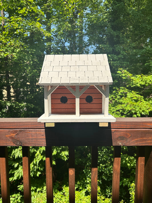 The Mini Martin Birdhouse - rustic brick red, gray and white finish on cedar. 