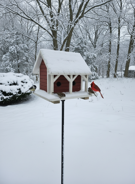 Wooden birdhouse with a white roof and brown body against a green tree background