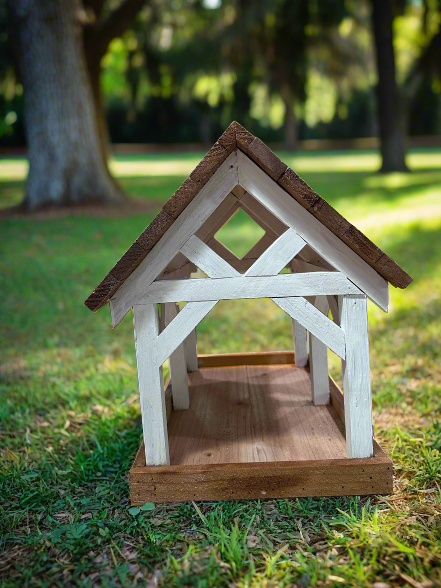 Deluxe Timber Frame Fly Thru Bird Feeder, Columns and Frame stained white with Faux Cedar Shake Rook Stained Honey Teak.