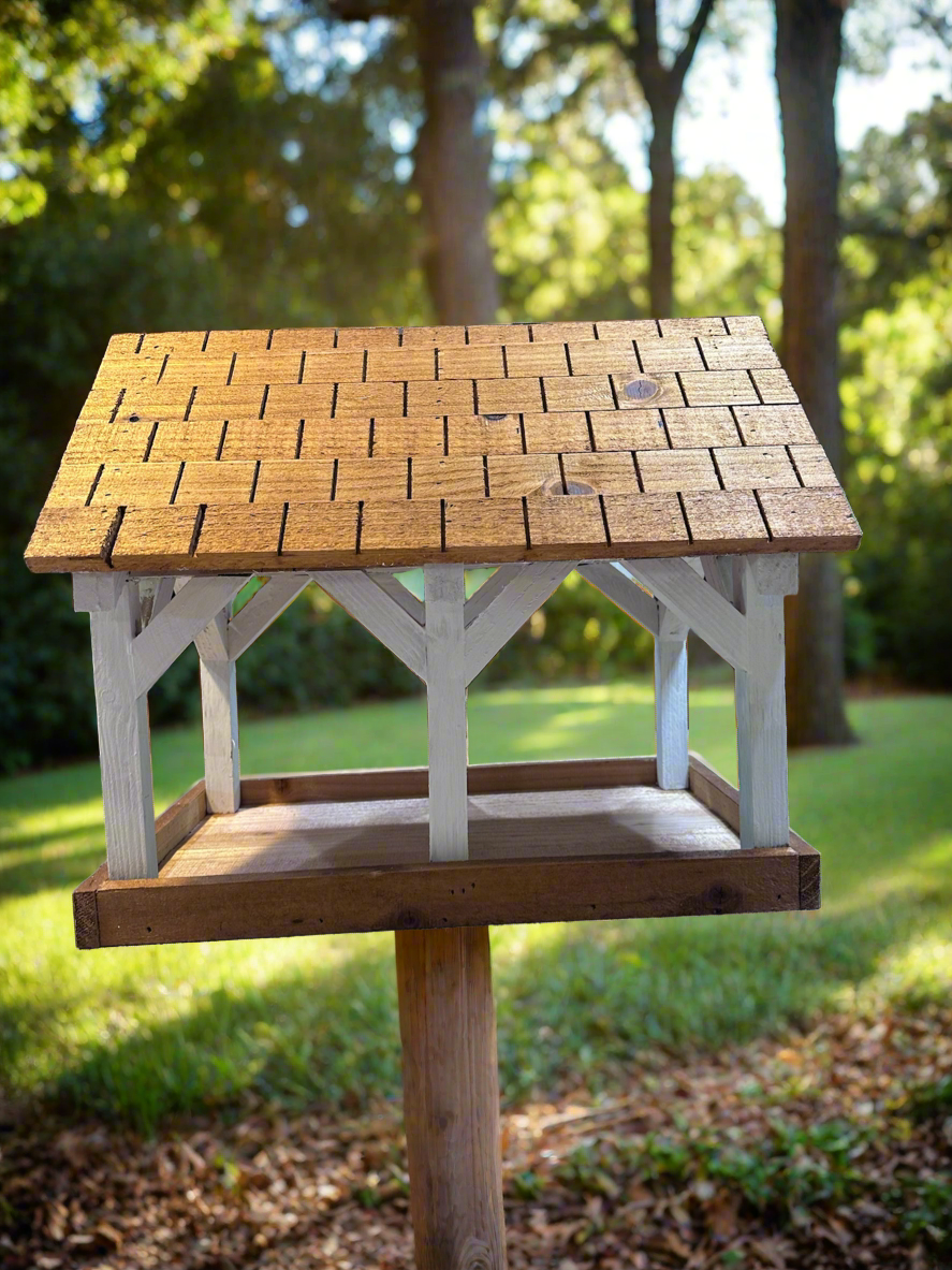 Deluxe Timber Frame Fly Thru Bird Feeder, Columns and Frame stained white with Faux Cedar Shake Rook Stained Honey Teak.