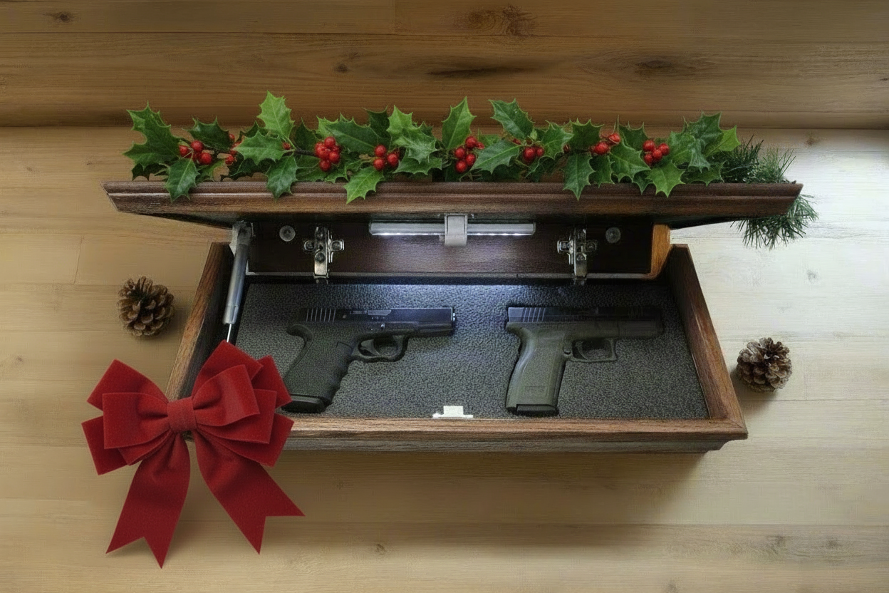 Wooden gun safe with guns inside on a wooden surface with Christmas decorations.