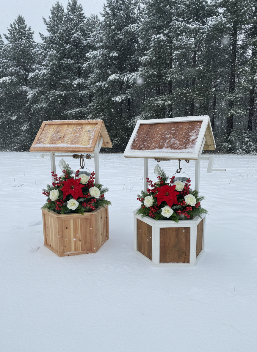 Two wooden wishing well planters with one painted white and the other stained brown, displayed on a concrete surface with stacked barrels in the background.