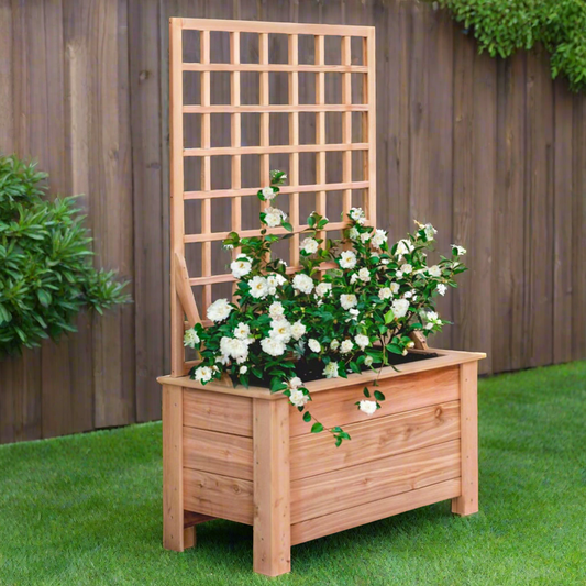 Premium Cedar Raised Planter Box - with Back Trellis Grid