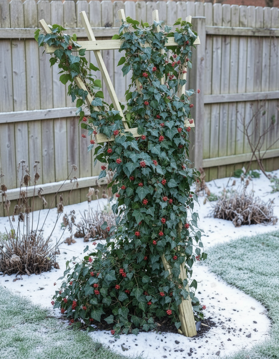 A beige garden fan trellis made of metal and wood, standing in a garden setting.