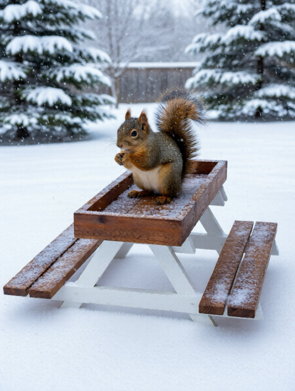 Squirrel on a miniature wooden picnic table feeder in a snowy landscape
