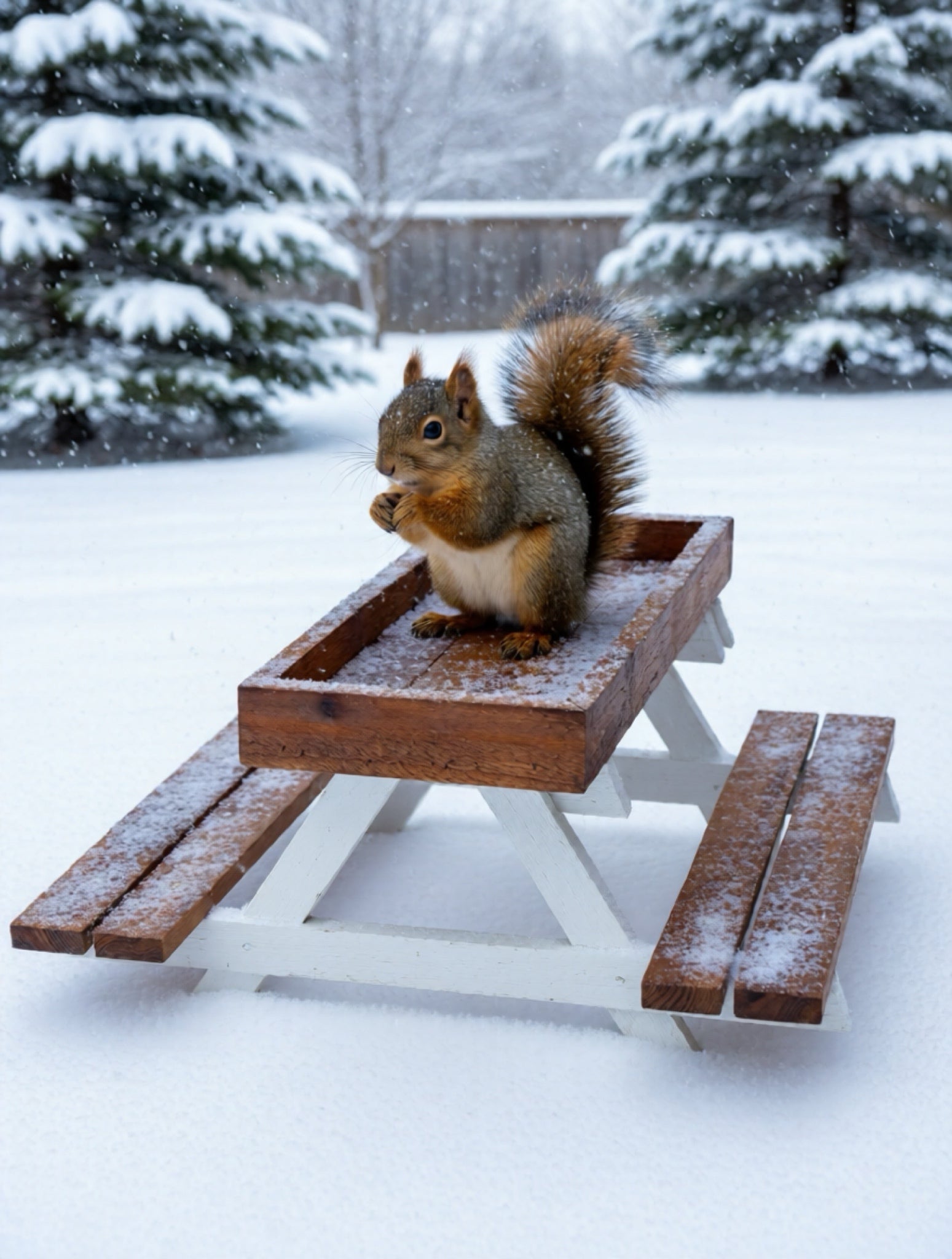Squirrel on a miniature wooden picnic table feeder in a snowy landscape