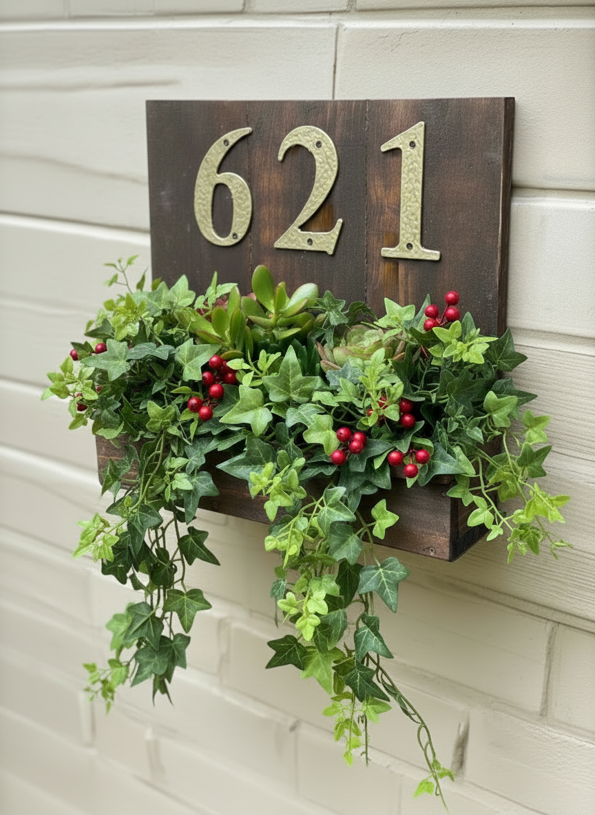 Decorative house number planter box, stained dark with gold numbers, with Holly berries and greenery on a wall