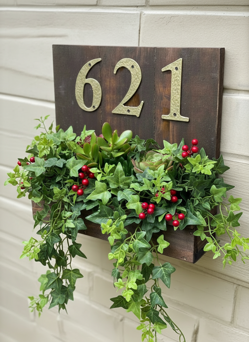 Decorative house number sign with red berries and greenery on a wall