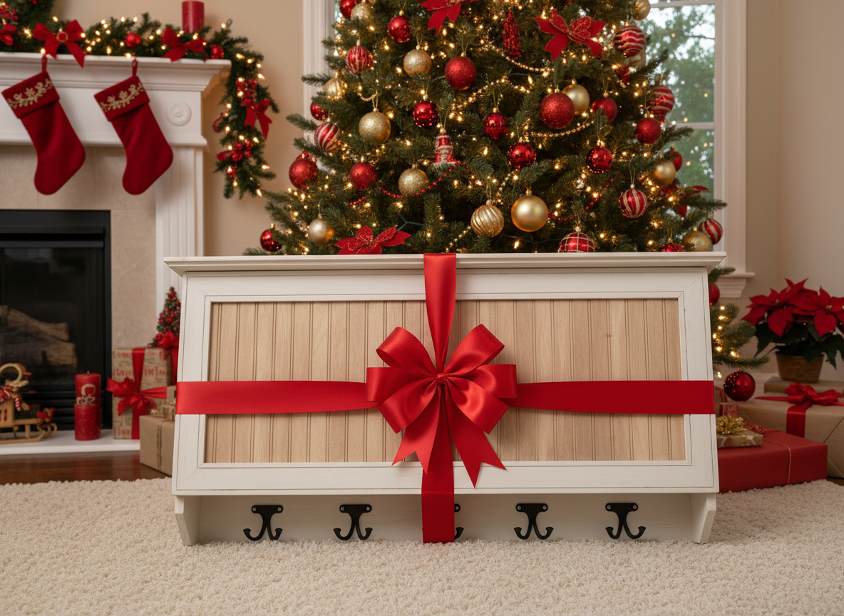 Wooden wall-mounted coat rack with hooks on a cardboard surface