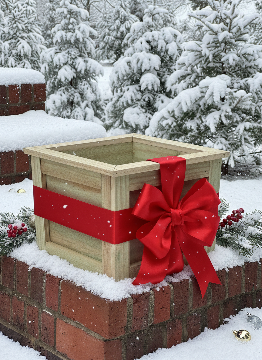 A square angle planter made from pressure-treated pine.