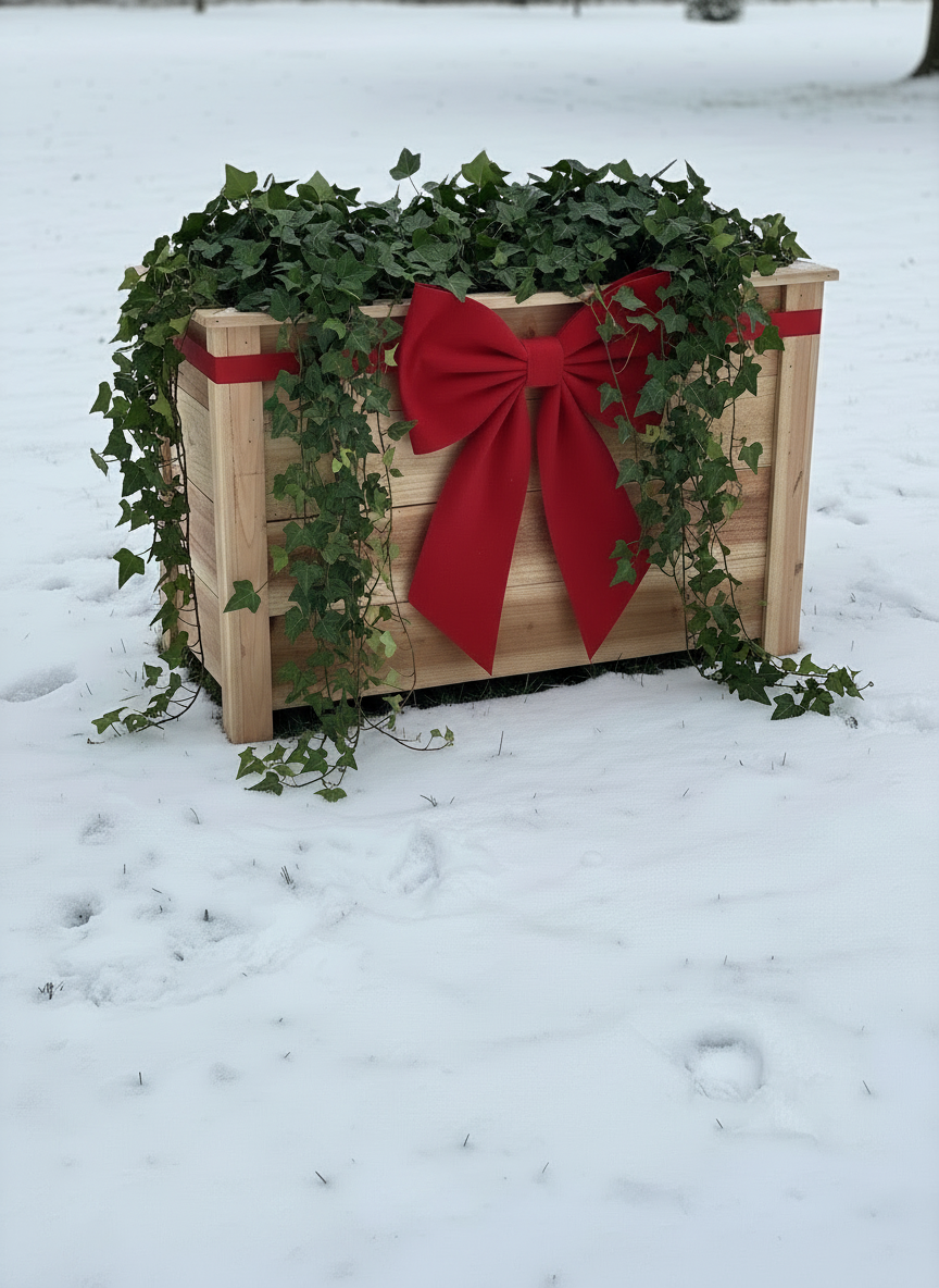 A slim cedar planter box placed on grass, showcasing its natural wood color and slatted design.