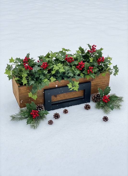 A rectangular pine wood window planter with an angled front design, displayed on a wooden stand.
