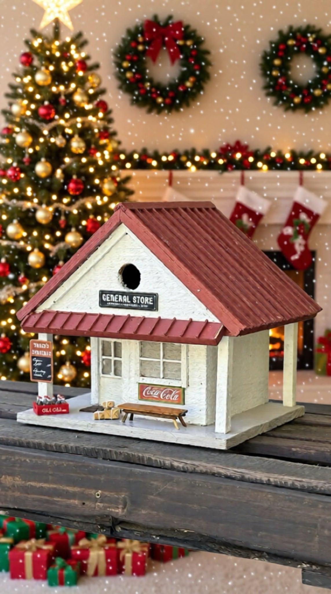 Decorative birdhouse resembling a small store with Christmas decorations in the background