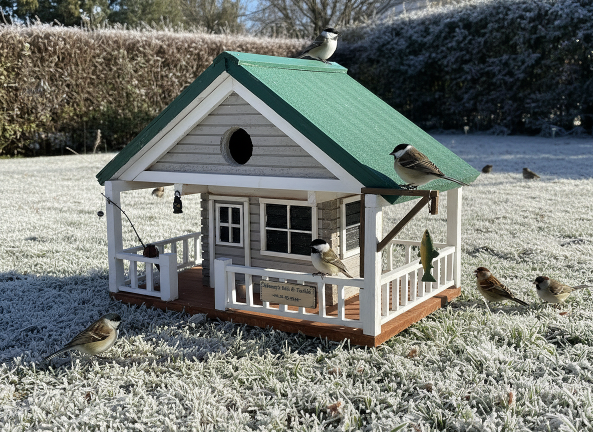 A birdhouse designed to resemble a vintage bait and tackle shop with a Dove Gray, Forest Green, and White color scheme, featuring a fishing rod and tackle sign.