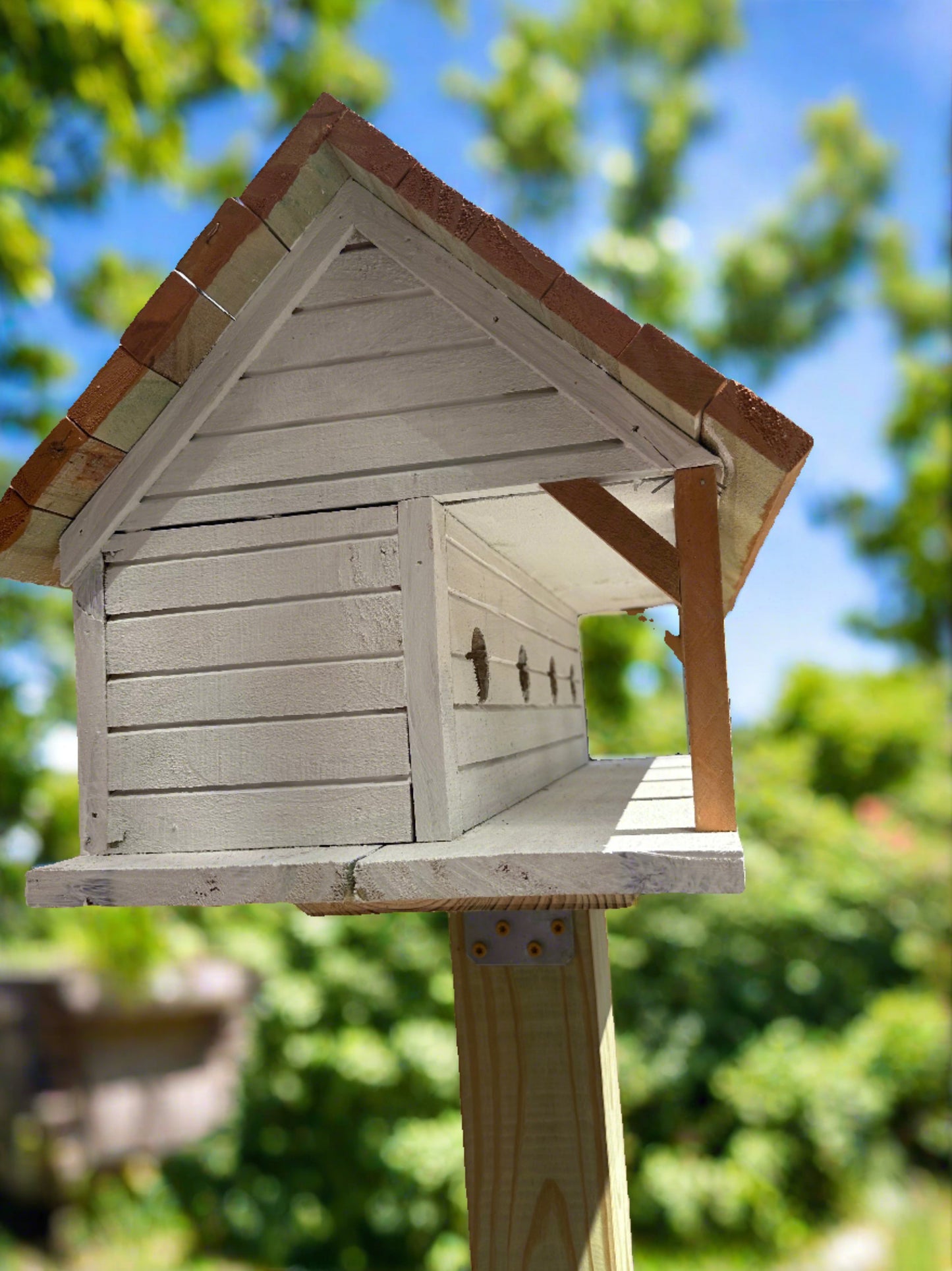 Purple Martin birdhouse with a shingled roof, mounted on a post in a sunny garden, surrounded by trees.