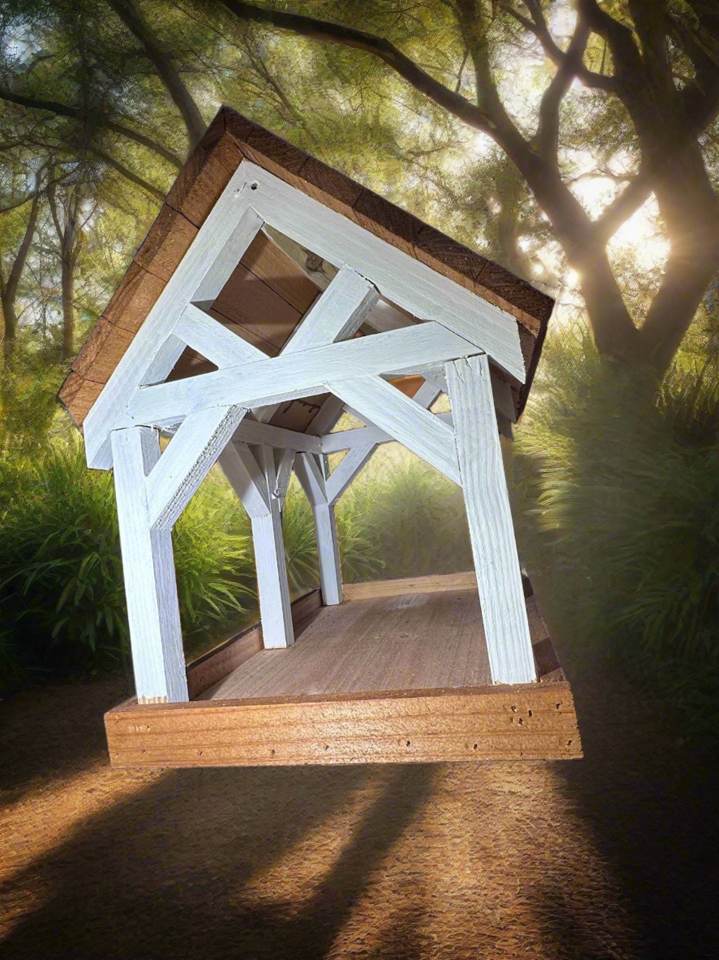 Deluxe Timber Frame Fly Thru Bird Feeder, Columns and Frame stained white with Faux Cedar Shake Rook Stained Honey Teak.