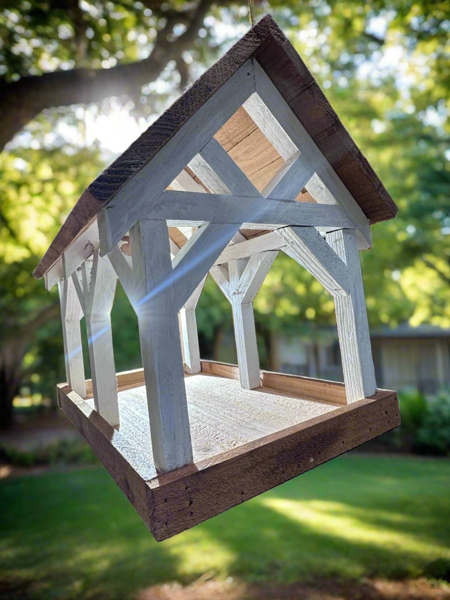 Deluxe Timber Frame Fly Thru Bird Feeder, Columns and Frame stained white with Faux Cedar Shake Rook Stained Honey Teak.