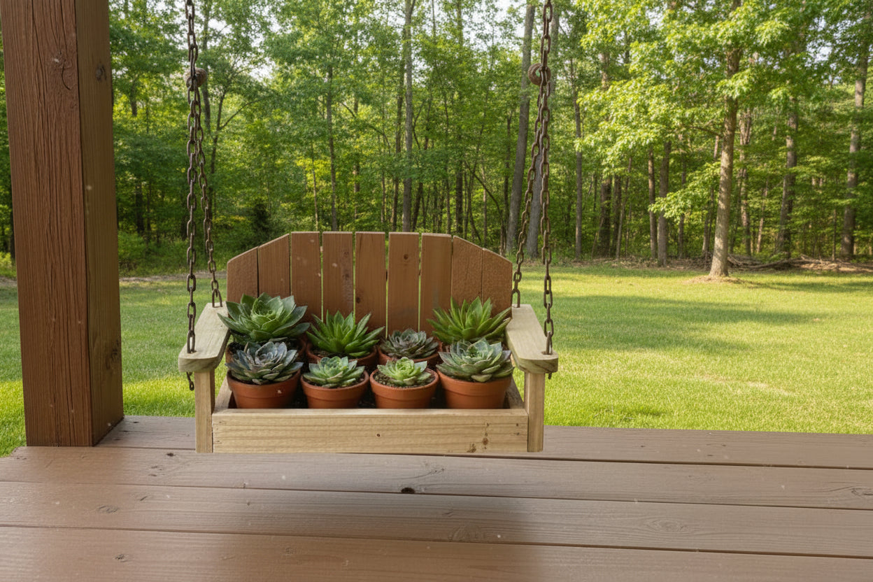 Wooden swing with potted succulents in a snowy outdoor setting