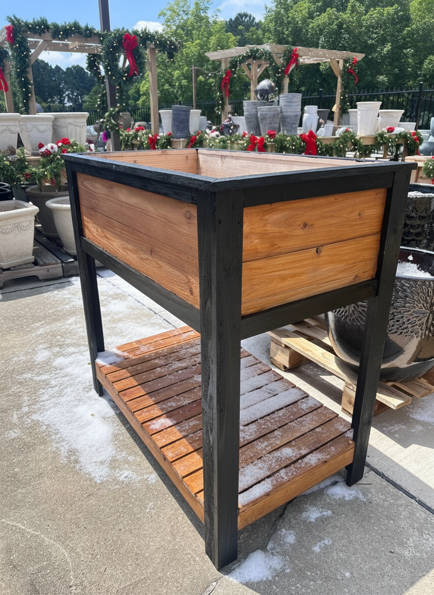 Wooden planter box with black metal frame on a concrete surface